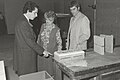 Audrey Stuckes meeting William Waldegrave (left) and vice-chancellor John Ashworth (right)