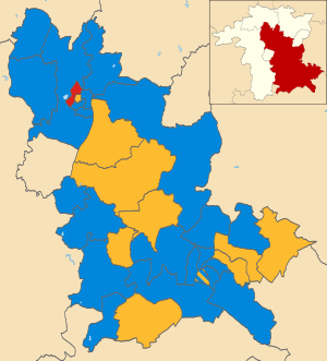 Map of the results of the 2003 Wychavon District Council election. Conservatives in blue, Liberal Democrats in yellow and Labour in red. Wychavon UK local election 2003 map.svg