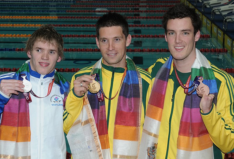 File:XIX Commonwealth Games-2010 Delhi Winners of (Men`s) 100m Swimming Freestyle, Ben Austin of Australia (Gold), Sean Fraser of Scotland (Silver) and B. Cochrane of Australia (Bronze).jpg