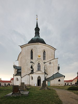 View of the church with a cemetery in front