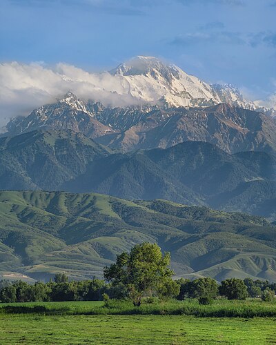 Plain field with scrubs and different levels of mountains behind, backtopped by Talgar peak. Almaty Region, Kazakhstan.