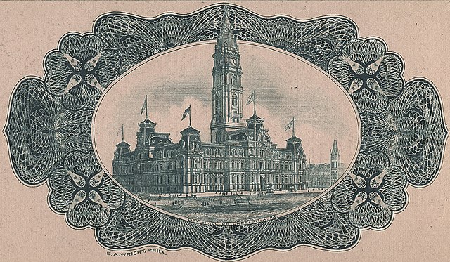 An admission ticket to the 1900 Republican National Convention featuring a sketch of Philadelphia City Hall