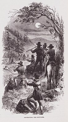 J. Ross Browne, "Protecting the Settlers." From Browne, "The Coast Rangers: A Chronicle of Events in California," part II: "The Indian Reservation," Harper's New Monthly Magazine 23, no. 135 (August 1861): 313. This image accompanied an article by Browne in which he described the killing of Yuki people at Round Valley, California. "Protecting The Settlers" Illustration by JR Browne for his work "The Indians Of California" 1864.jpg