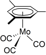 Structure of (mesitylene)molybdenum tricarbonyl, [(e -C6H3Me3)Mo(CO)3 (Mesitylene)molybdenum tricarbonyl.png