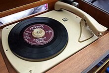 45 rpm EP on a turntable with a
.mw-parser-output .frac{white-space:nowrap}.mw-parser-output .frac .num,.mw-parser-output .frac .den{font-size:80%;line-height:0;vertical-align:super}.mw-parser-output .frac .den{vertical-align:sub}.mw-parser-output .sr-only{border:0;clip:rect(0,0,0,0);clip-path:polygon(0px 0px,0px 0px,0px 0px);height:1px;margin:-1px;overflow:hidden;padding:0;position:absolute;width:1px}
1+1/2-inch hub, ready to be played 140405 Wega-Dual-300-01.jpg