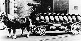 A brewery wagon for Miller brewery, Milwaukee, 1888. The wagon was manufactured by the Charles Abresch Company 1888 Abresch Brewery wagon Miller Beer.jpg