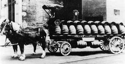 A brewery wagon for Miller brewery, Milwaukee, 1888. The wagon was manufactured by the Charles Abresch Company