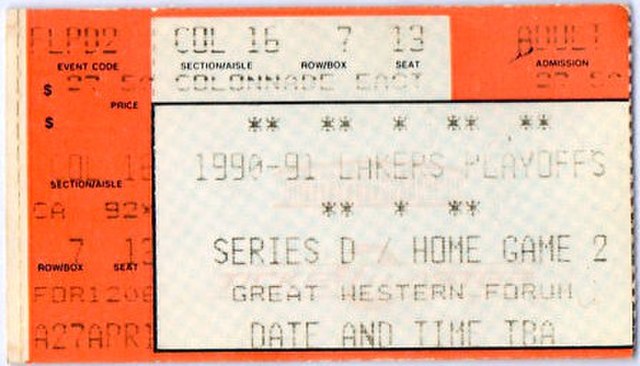 A ticket for Game 4 of the 1991 NBA Finals at the Great Western Forum.