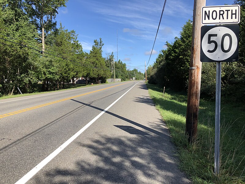 File:2018-09-15 10 14 51 View north along New Jersey State Route 50 and Atlantic County Route 557 just north of Atlantic County Route 648 (Head of River Road) in Corbin City, Atlantic County, New Jersey.jpg