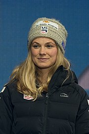 Diggins, wearing an Emily Program logo on her hat, 2019 20190302 FIS NWSC Seefeld Medal Ceremony Jessica Diggins 850 6559.jpg