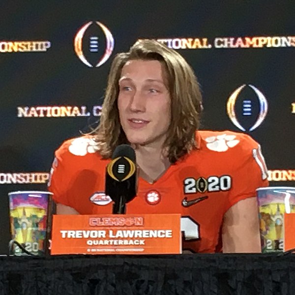 Clemson starting quarterback Trevor Lawrence (shown at 2020 College Football Playoff National Championship postgame)