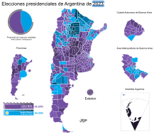 Electoral map for the second round of the election. Milei won 55.65% of the votes against Sergio Massa, the biggest win since Argentina returned to democracy in 1983. 2023 Argentina Presidential Election - Second Round Results.svg