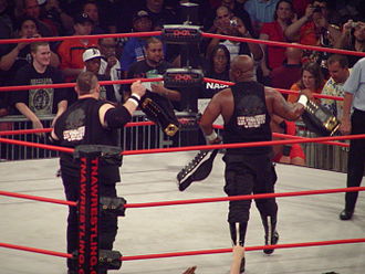 Team 3D with the TNA World Tag Team Championship and the IWGP Tag Team Championship belts at Slammiversary in August 2009 3-D champs.jpg