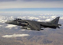 An RAF Harrier GR7A flying over Afghanistan, 2004 A Harrier GR7A in flight over the mountain ranges of Afghanistan during a mission. MOD 45147942.jpg