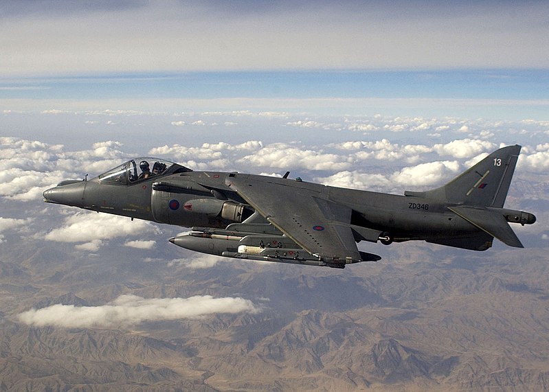 File:A Harrier GR7A in flight over the mountain ranges of Afghanistan during a mission. MOD 45147942.jpg