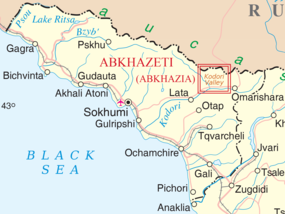 Soutěska Kodori na mapě Abcházie, do roku 2008 nad ní neměla Abcházie kontrolu.