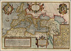 Kaart van het Romeinse Rijk uit omstreeks 1592 door Abraham Ortelius