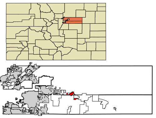 Location of the Town of Bennett in Adams and Arapahoe counties, Colorado.