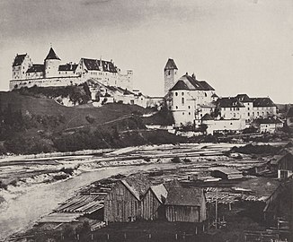 Hohes Schloss mit Lände am Lech für die Flösserei (1857) History of Füssen