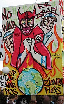 Cartoon demonizing Israel at a rally against the Iraq War in San Francisco, February 2003 AntiWarRallyFeb162003.jpg