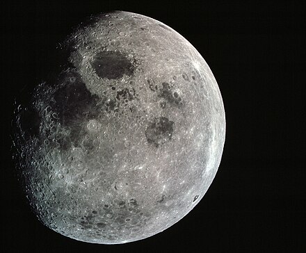 This photograph of the Moon was taken from Apollo 8 at a point above 70 degrees east longitude.