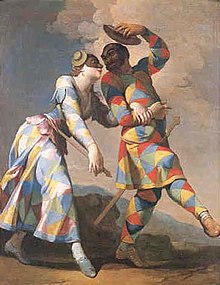Harlequin and Colombina. Paint by Giovanni Domenico Ferretti. Arlecchino und Colombina - Giovanni Domenico Ferretti.jpg