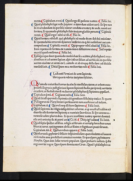 Page from the Opera, a manuscript from 1465, featuring various colours of pen-work