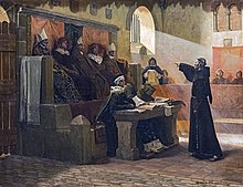 L'agitateur du Languedoc, Jean-Paul Laurens' depiction of Bernard Delicieux's examination by the Inquisition Augustins - L'Agitateur du Languedoc - Jean-Paul Laurens RO 699.jpg