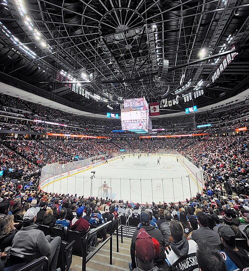 The inside of Ball Arena during a Colorado Avalanche game in 2023