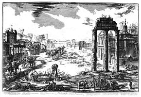 Sketch by Piranesi featuring the three remaining columns from the Temple of Castor and Pollux Battista Piranesi - Temple of Castor and Pollux.jpg