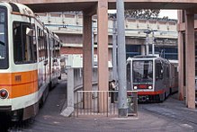 K (left) and J streetcars laying over at Balboa Park in 1997 Boeing and Breda cars at Geneva carhouse, May 1997.jpg