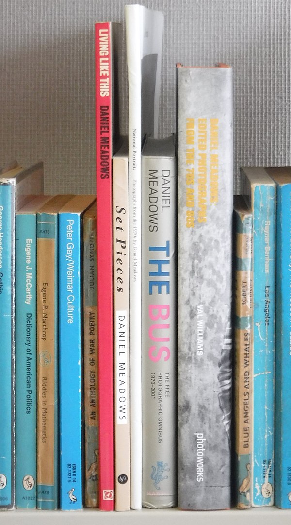 Five books of or about the photography of Daniel Meadows (flanked by irrelevant Pelicans); left to right: Living like This, Set Pieces, National Portr