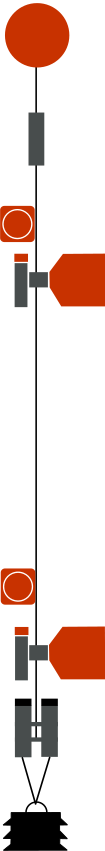 Mooring as deployed in Fram Strait with top buoy, a CTD-sensor, two rotor current meters, acoustic release and train wheels as anchor. BrnBld MooringSketch.svg