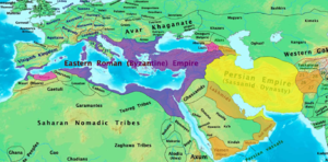 The Byzantine and Persian Empire (7th century) Byzantine and Sassanid Empires in 600 CE.png