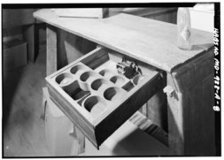 CASH DRAWER UNDER REAR COUNTER, NOTE BELL MECHANISM TO BACK OF DRAWER - Coffren House, Store, 10007 Croom Road, Croom, Prince George's County, MD HABS MD,17-CROM,2A-8.tif