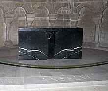 The Altar of St Anselm in his chapel at Canterbury Cathedral. It was constructed by English sculptor Stephen Cox from Aosta marble donated by its regional government and consecrated on 21 April 2006 at a ceremony including the Bishop of Aosta and the Abbot of Bec. The location of Anselm's relics, however, remains uncertain. Canterburycathedralanselmtomb.jpg