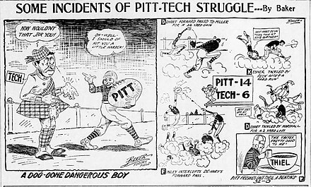 Rajzfilm, amely az 1916 -os Pitt versus Carnegie Tech futballjáték jeleneteit ábrázolja.jpg