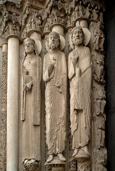 The Western (Royal) Portal at Chartres Cathedral, c. 1145, these architectural statues are the earliest Gothic sculptures, a revolution in style and the models for a generation of sculptors