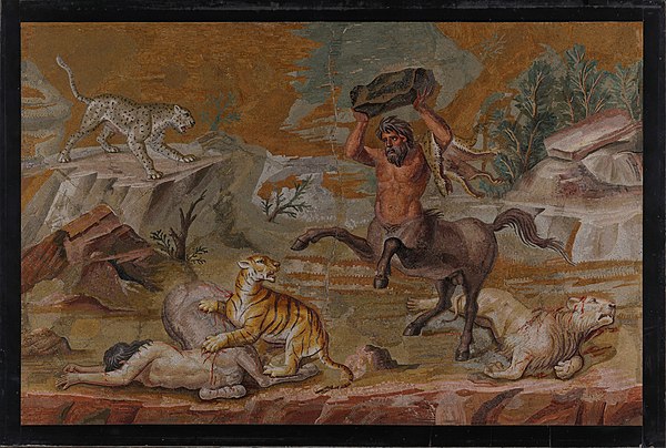 "Battle of Centaurs and Wild Beasts" is estimated to have been made between 120 and 130 A.D. for the dining-room of Hadrian's Villa . The mosaic now r