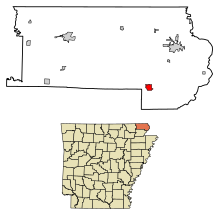 Clay County Arkansas Eingemeindete und nicht eingetragene Gebiete Rektor hervorgehoben 0558490.svg