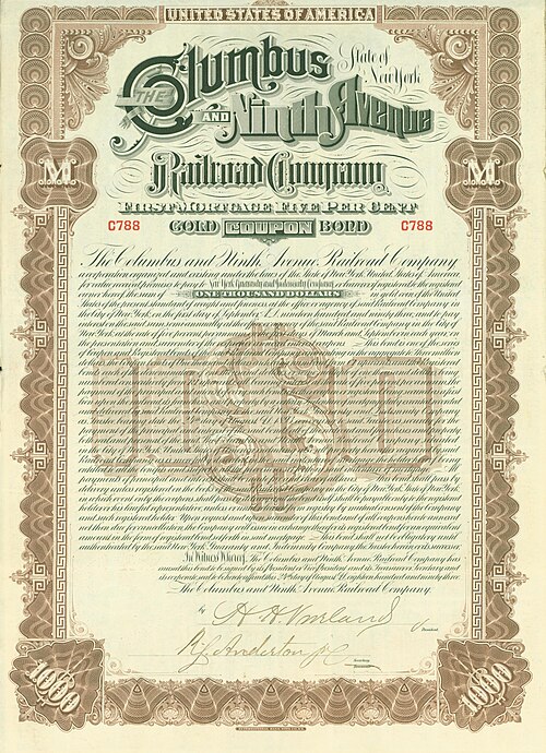 Gold Bond of the Columbus and Ninth Avenue Railroad Company, issued 24. August 1893