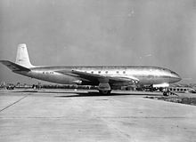 Comet 1 prototype (with square windows) at Hatfield Aerodrome in October 1949 Comet Prototype at Hatfield.jpg