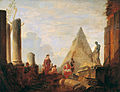 Deutsch: Kopie nach Giovanni Paolo Pannini (Original: National Gallery London) : Römische Ruinenlandschaft mit der Cestius-Pyramide. Englisch, 18./19. Jahrhundert. Öl auf Eichenholz. 51 x 64,5 cm.