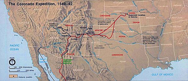 The Coronado Expedition (1540–1542) from Mexico north through the future U.S. states of Arizona, New Mexico, Texas, Oklahoma, and Kansas.