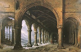 Effet de brouillard et de neige à travers une colonnade gothique en ruines