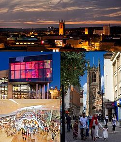 Kollage af Derby, fra venstre og ned: Derby skyline, Derby Quad, Derby Cathedral, Westfield Derby