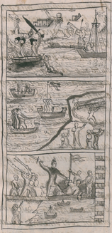 Scenes of the Battle of Colhuacatonco in the Florentine Codex. The scenes at the left depict the beginning of the battle as the Spanish assault force advanced into the city, and the scenes at the right depict the victorious Mexica forces expelling the last assault forces and taking their prisoners to be sacrificed.