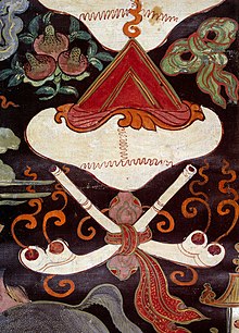 Two shin-bone trumpets and skull cup from a Tibetan banner representing attributes of Palden Lhamo Detail of two shin-bone trumpets from a Tibetan banner Wellcome L0030388.jpg
