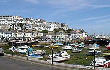 The inner harbour, Brixham, south Devon, at low tide.