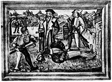 Enthauptung beim Galgen im Tägermoos 1506; im Hintergrund die Ziegelei (Luzerner Chronik des Diebold Schilling d. J., 1513)